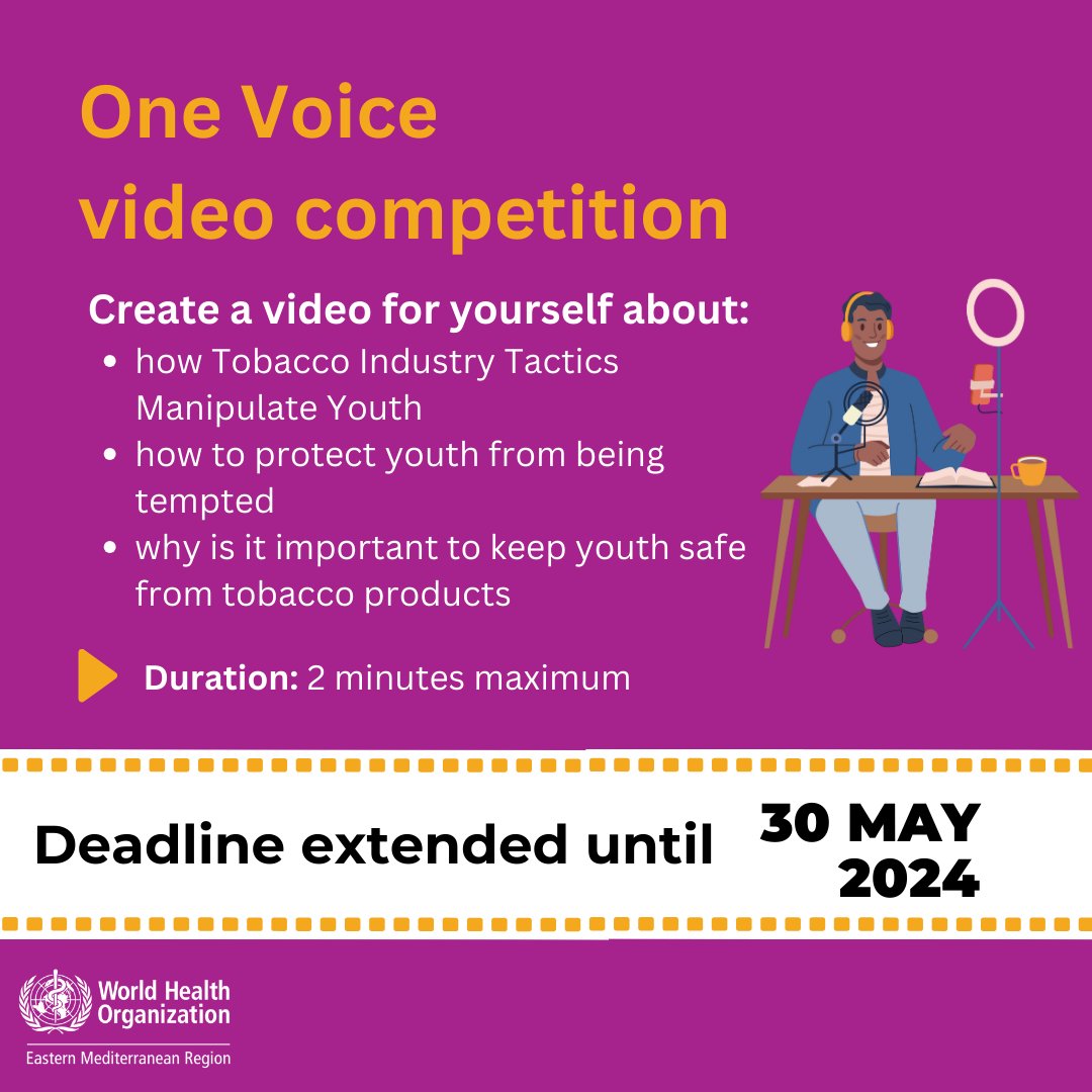 How can you join the OneVoice competition?

🔵Be 13-35 years old
🔵Have feelings about the tobacco industry’s manipulative tactics
🔵Record a short reel (120 seconds max) telling us about it
🔵Upload it on YouTube or Vimeo
🔵Send us the link to your videos: EMROmedia@who.int