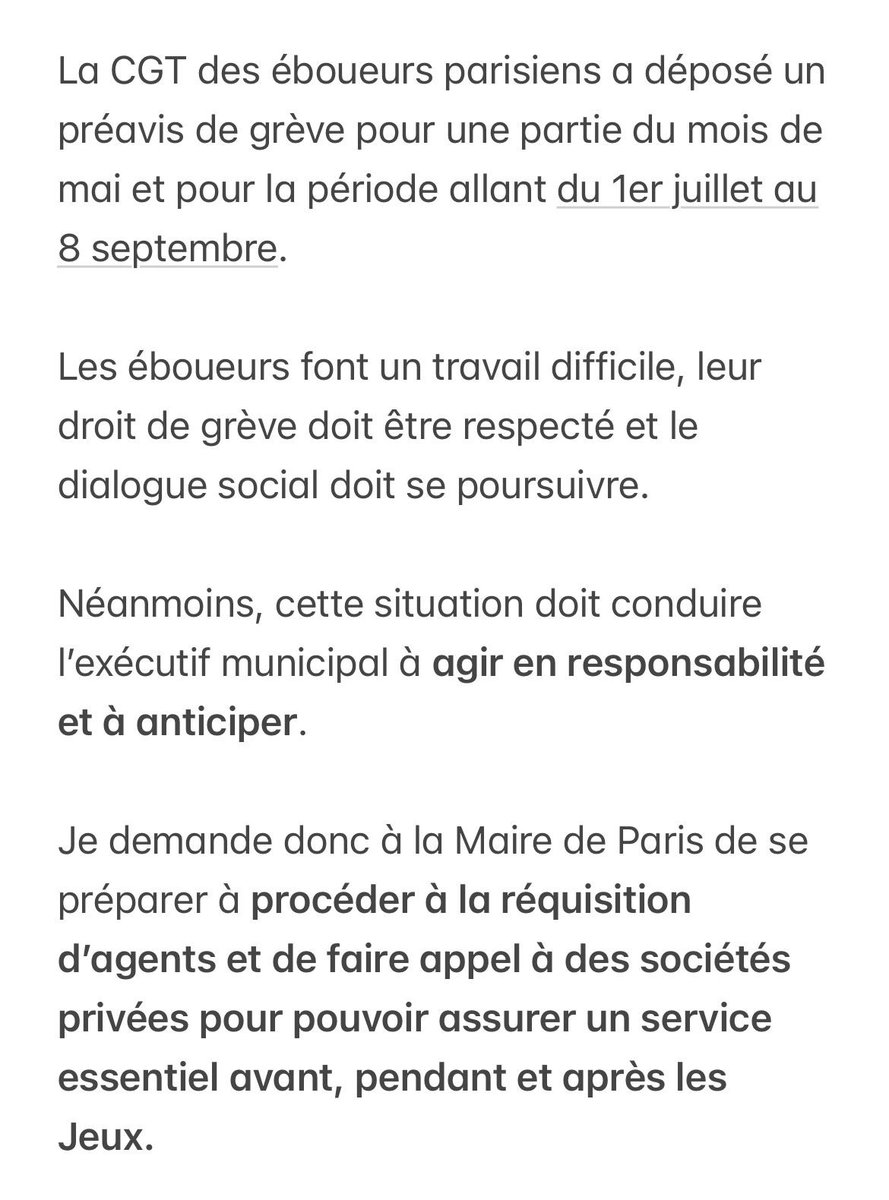 Grève des #éboueurs : j’appelle la Ville de #Paris à anticiper la réquisition d’agent ou l’appel au privé avant, pendant et après les Jeux Olympiques et Paralympiques. 🗣️ Mon communiqué ⤵️
