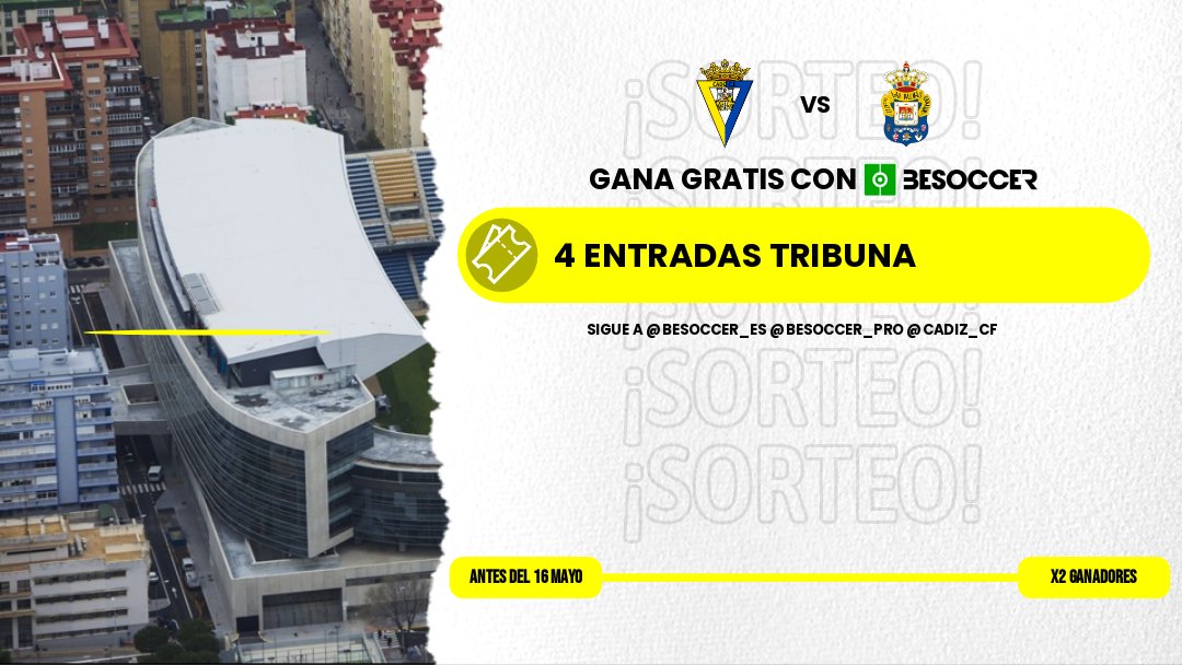 🎁 SORTEO para los aficionados del Cádiz 🎁

¡Gana 2 entradas de tribuna para el partido ante Las Palmas! 🎟️🎟️ 

1️⃣ Sigue a <a href="/besoccer_ES/">BeSoccer</a>, <a href="/BeSoccer_Pro/">BeSoccerPro</a> y <a href="/Cadiz_CF/">Cádiz Club de Fútbol</a> 
2️⃣ Repostea
3️⃣ Menciona a un amigo

👉 Habrá 2 ganadores.
¡Mucha suerte! 🍀