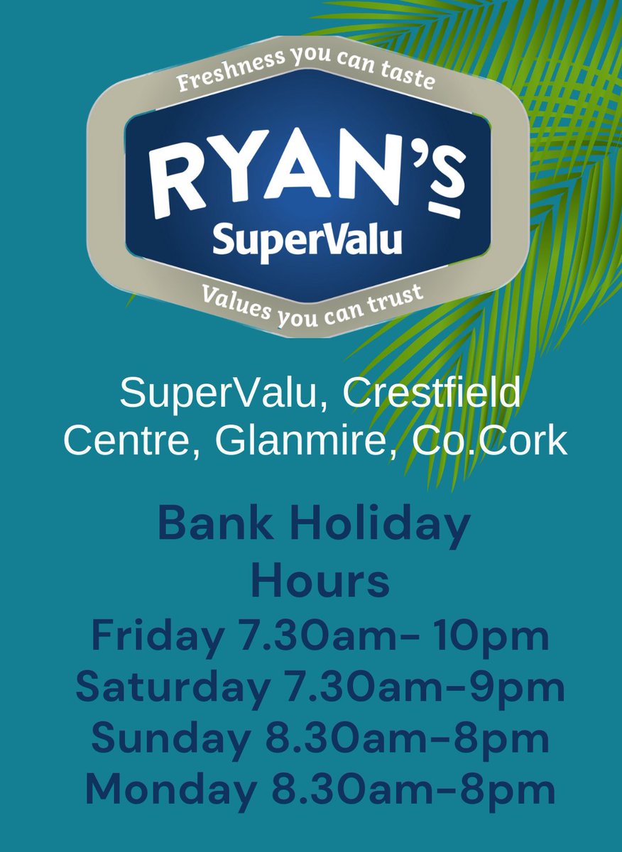 Ryan's SuperValu (@ryanssupervalu) on Twitter photo Did you know we open 363 Days a year? We close for 2 days each year, Christmas day & Stephen's Day. So don't sweat the small stuff this weekend. Our stores are open and have everything you need!
#cork #Local #Ryans #SuperValu #BeRyansPrepared #BePrepared #Irishsummer #Sunnydays Did you know we open 363 Days a year? We close for 2 days each year, Christmas day & Stephen's Day. So don't sweat the small stuff this weekend. Our stores are open and have everything you need!
#cork #Local #Ryans #SuperValu #BeRyansPrepared #BePrepared #Irishsummer #Sunnydays