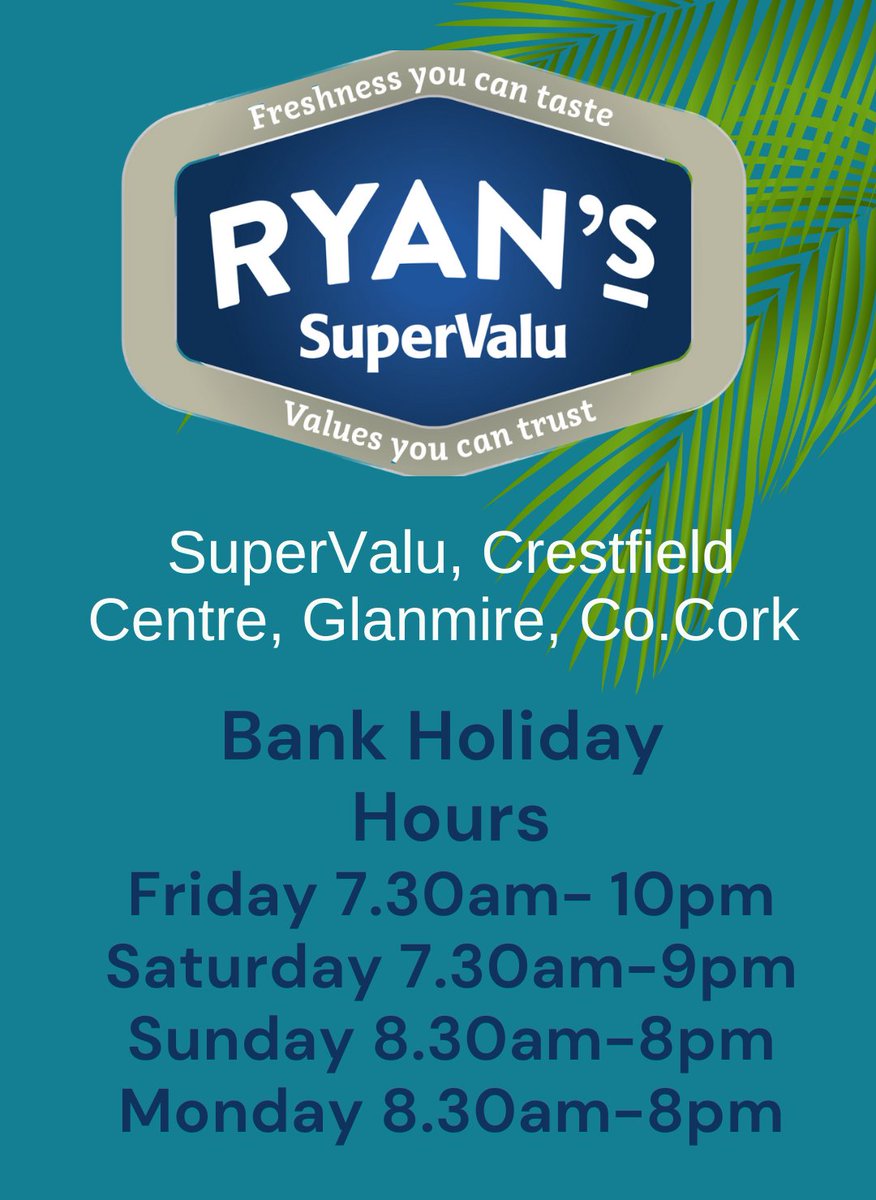 Did you know we open 363 Days a year? We close for 2 days each year, Christmas day & Stephen's Day. So don't sweat the small stuff this weekend. Our stores are open and have everything you need! #cork #Local #Ryans #SuperValu #BeRyansPrepared #BePrepared #Irishsummer #Sunnydays