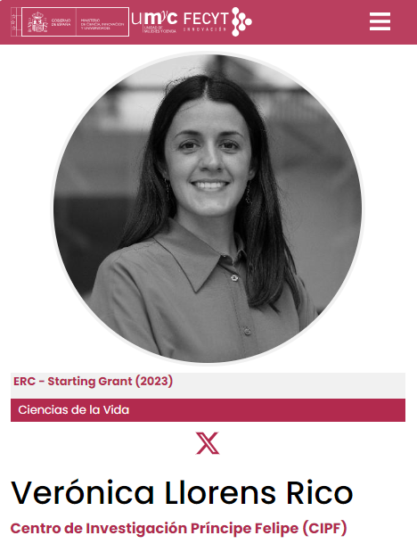 Hoy en #11F365 Veronica Llorens Rico @VeroLlorens. Licenciada y Dra. Biotecnología Dirige el laboratorio de Biología de Sistemas en Interacciones Microbiota-Hospedador en el @CIPFciencia. Cuenta con una #ERCStartingGrant2023 del @ERC_Research. cientificasinnovadoras.fecyt.es/cientificas/ve…