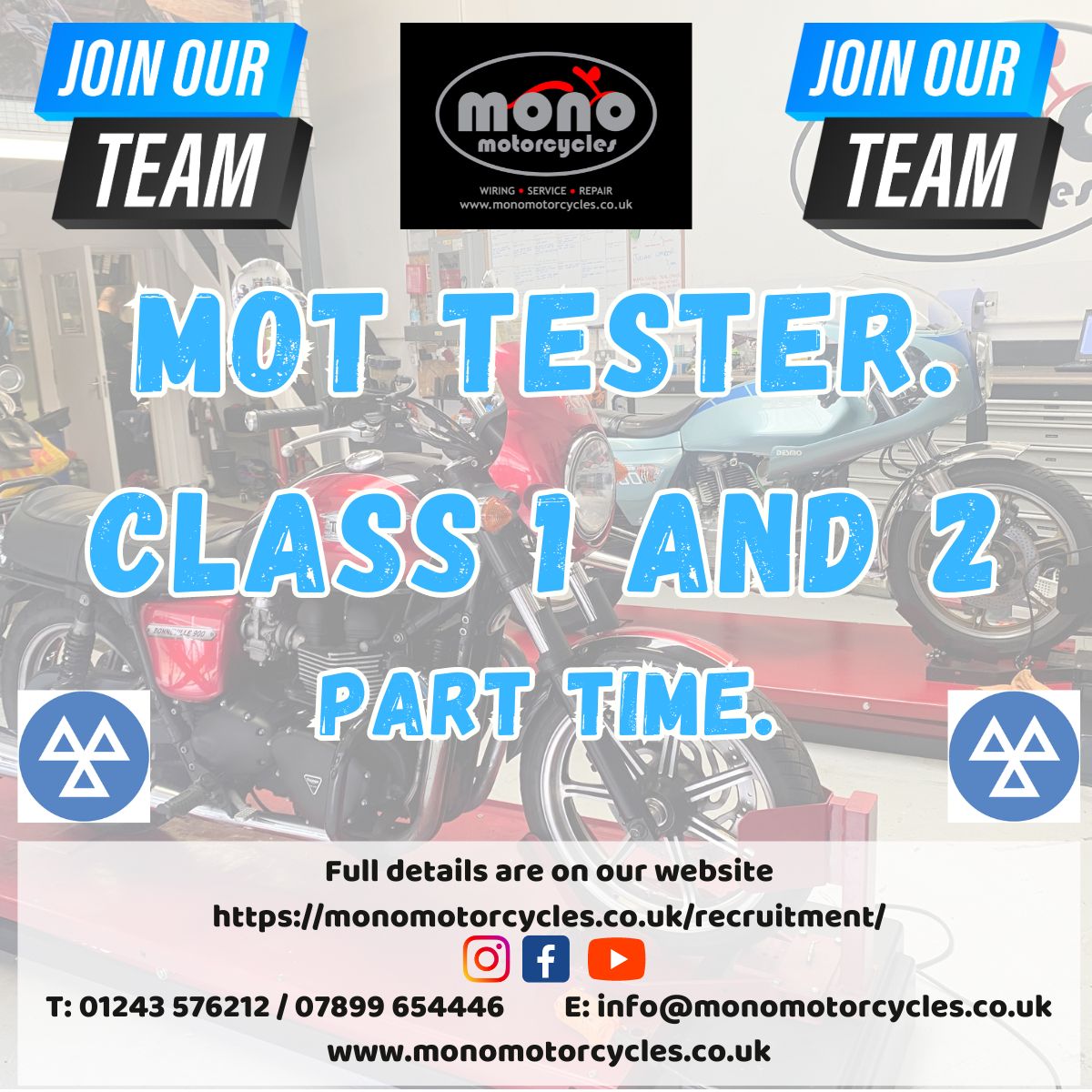 Part-Time Motorcycle MOT Tester opportunity with
@monomotorcycle1 at their top motorcycle workshop business in West Sussex. @JCPinSurreySussex #motorcycles #motorcyclejobs #bikejobs #jobs #jobsearch #vacancy #sussexjobs #westsussex  More Info & Apply👉bikejobs.co.uk