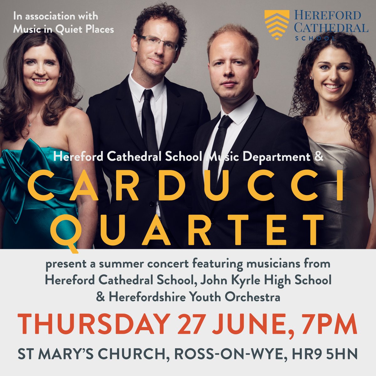Hereford Cathedral School (@herefordcs) on Twitter photo š¶ The world-renowned <a href="/CarducciQuartet/">Carducci Quartet</a> and HCS Music Department present a summer concert featuring HCS musicians + special guestsš¶
š 27 June, 7pm, St Maryās Church, Ross-on-Wye
š Ā£20 (to include a glass of wine), under 12s free
tickettailor.com/events/herefor⦠š¶ The world-renowned <a href="/CarducciQuartet/">Carducci Quartet</a> and HCS Music Department present a summer concert featuring HCS musicians + special guestsš¶
š 27 June, 7pm, St Maryās Church, Ross-on-Wye
š Ā£20 (to include a glass of wine), under 12s free
tickettailor.com/events/hereforā¦
