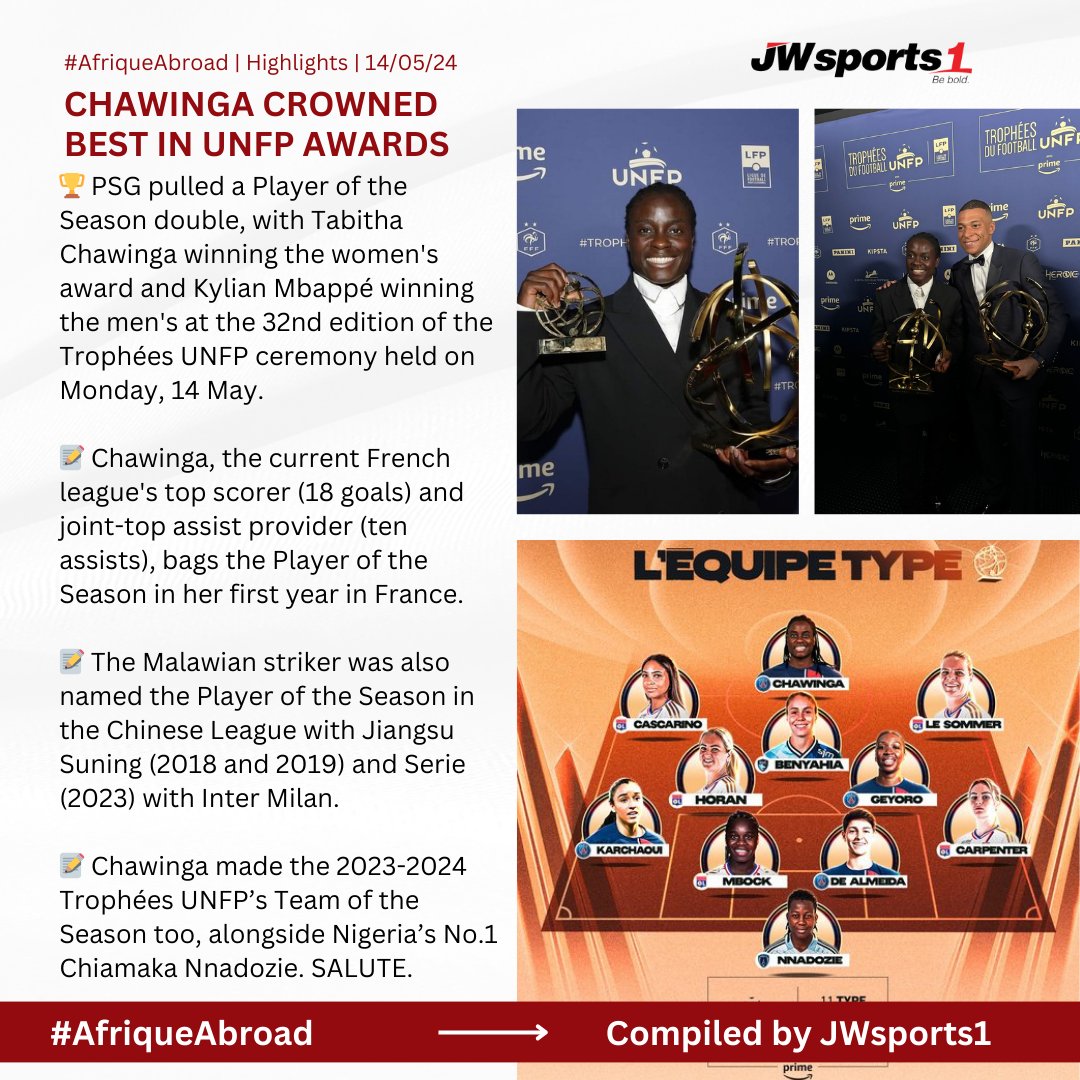 🏆 Tabitha Chawinga and Chiamaka Nnadozie pick the Best Player and Best Goalkeeper of the Season awards (and make the best XI) at the 32nd edition of the Trophées UNFP ceremony held on Monday, 14 May. 🏆SALUTE TO THE DUO! What a season they've had in France. #AfriqueAbroad