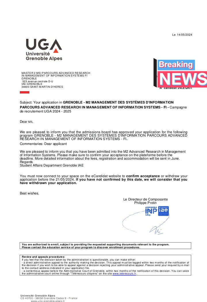 congratulations Michael! Your dedication has paid off once again. We are thrilled to present his second admission letter to France Grenoble Alps. With Sweed Consultancy, your options are boundless. Thank you for entrusting us with your journey.🎉🎉