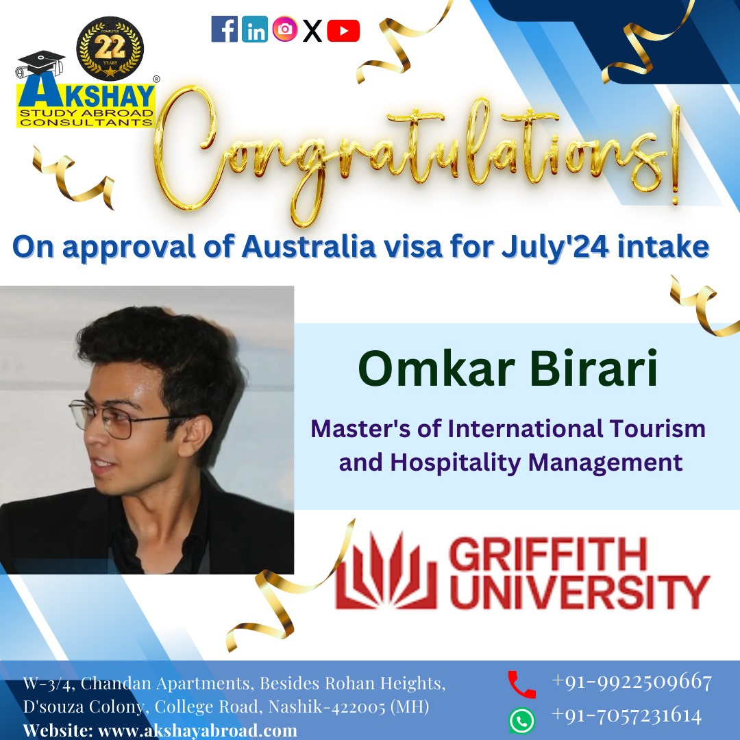 Congratulations Omkar on securing Australia visa for July '24 intake with ASAC's guidance! 🌟

If you plan to study abroad, let us guide you towards your dream program and country.

Visit our website: akshayabroad.com

#studyinaustralia #visa #visainterview