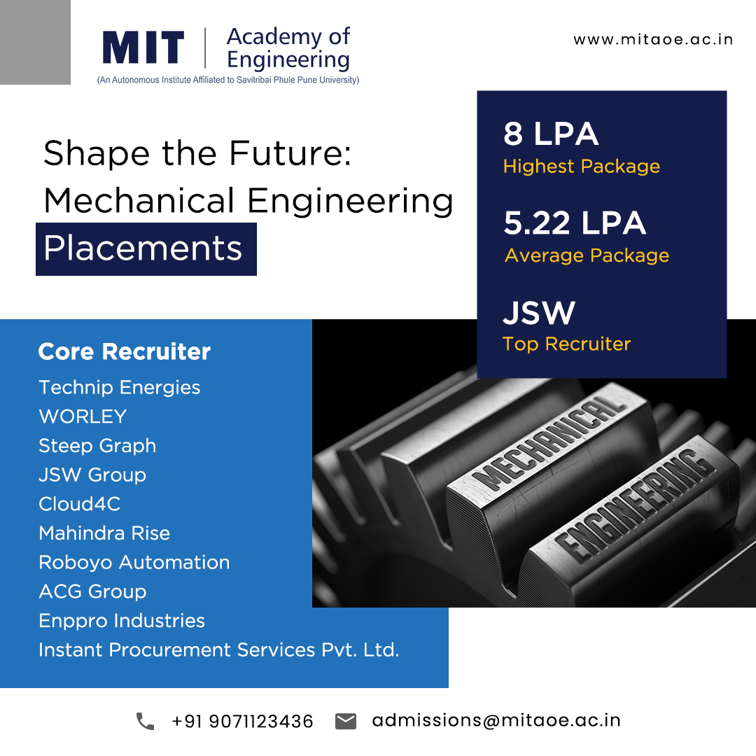 Discover the power of innovation with MITAOE's Mechanical Engineering Program! 
Mechanical Engineering. 

Your journey to Innovation begins here! 

#mitaoe #mechanical #mechanicalengineering #innovations #PlacementSuccess #education #admissions2024_25 #mitengineering