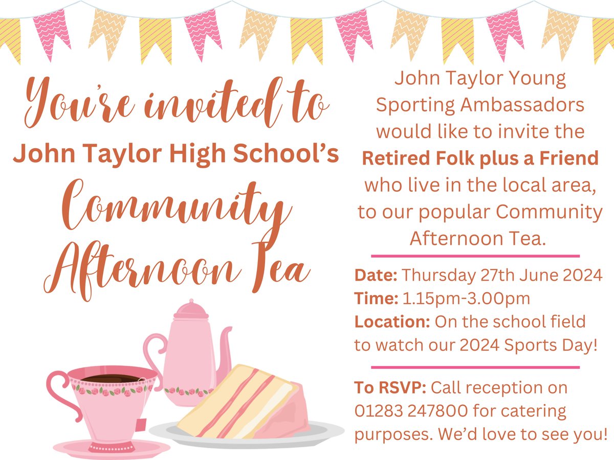 Please spread the word & share with anyone who may like to attend our summer Community Afternoon Tea, on Thursday 27th June from 1.15pm-3.00pm 🍰☕💛 #jths #kindness #onecommunity