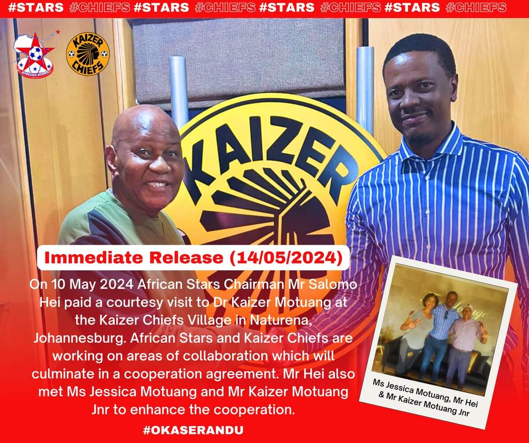 🚨Exciting News🚨 🌟 African Stars Chairman Mr. Salomo Hei visited Kaizer Chiefs for talks on collaboration. Exciting partnership in the works! 🤝⚽ #AfricanStars #KaizerChiefs #Collaboration #Okaserandu
