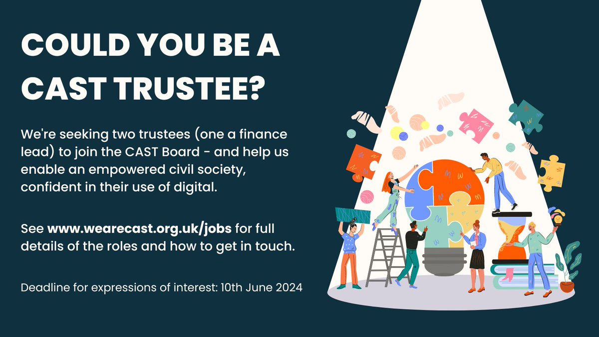 👀 NEW trustee roles! We're seeking two #trustees to join the CAST Board - and help us enable an empowered civil society, confident in their use of #digital. See our site for details of these roles - and how to get in touch 👉 buff.ly/4drwlK3 Please share; thanks! 🙏