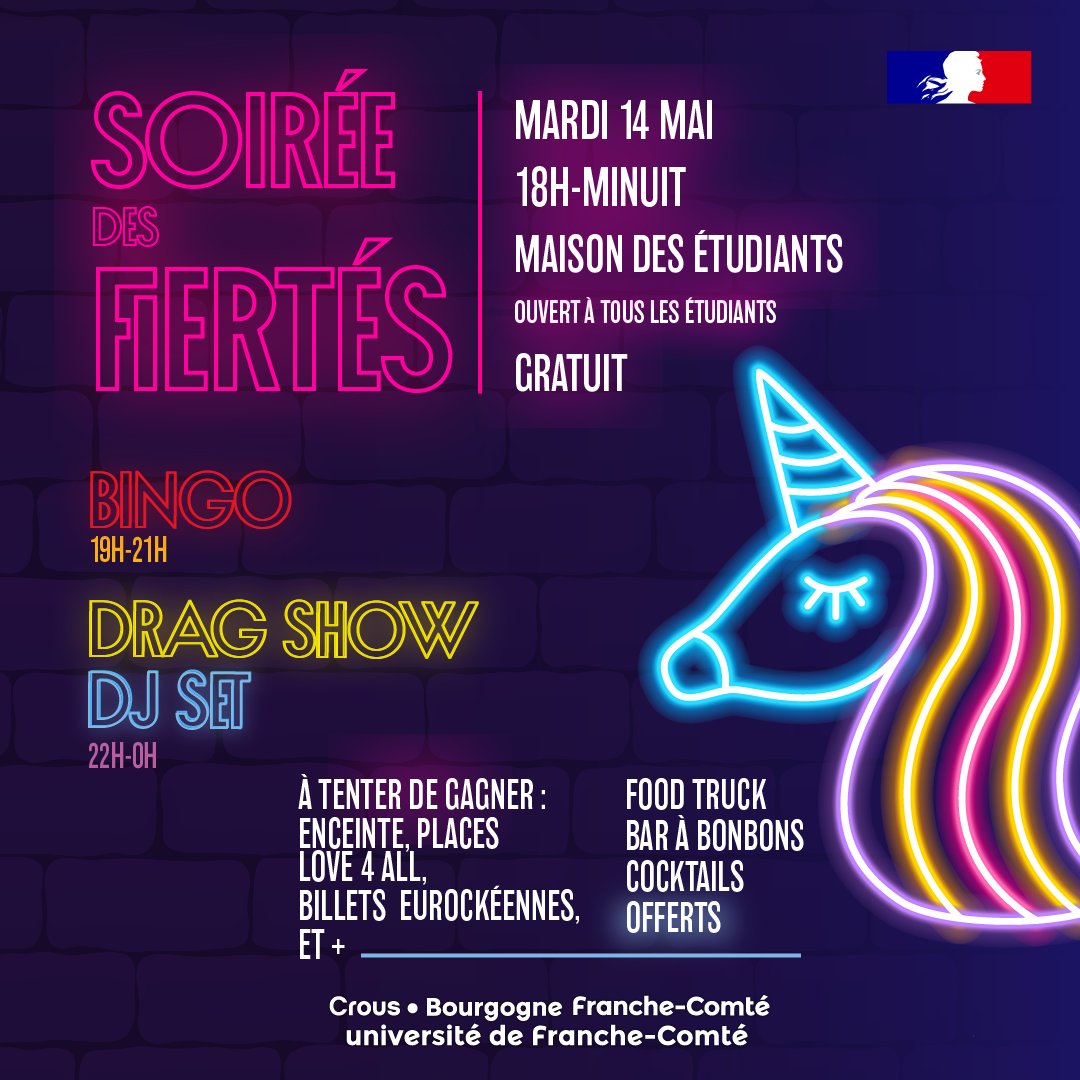 🏳️‍🌈 Grande soirée des fiertés 📍 Maison des Étudiants à Besançon Ce soir dès 18h, en prévision de la Journée contre l'homophobie, transphobie et biphobie du 17 mai, le Crous et @fc_univ proposent Bingo, Drag Show, DJ Set, food truck, bar à bonbons, cocktails gratuits et cadeaux🎁