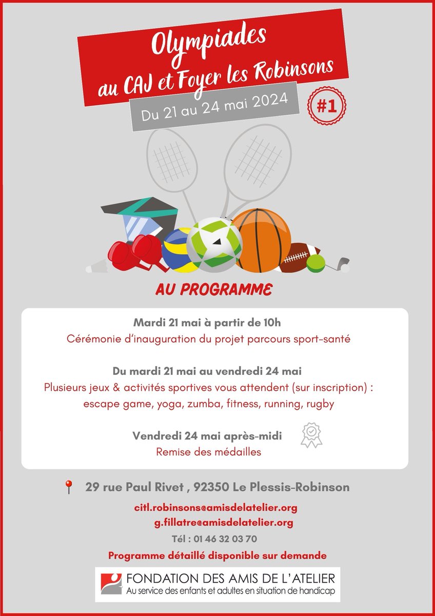 🏅 [OLYMPIADES] À vos agendas ! Du 21 au 24 mai, notre CAJ et Foyer Les Robinsons organisent leur 1ère édition des Olympiades !
En cette année Olympique, venez vivre l'esprit des Jeux aux premières Olympiades des Robinsons !
#handicap #olympiades #plessisrobinson