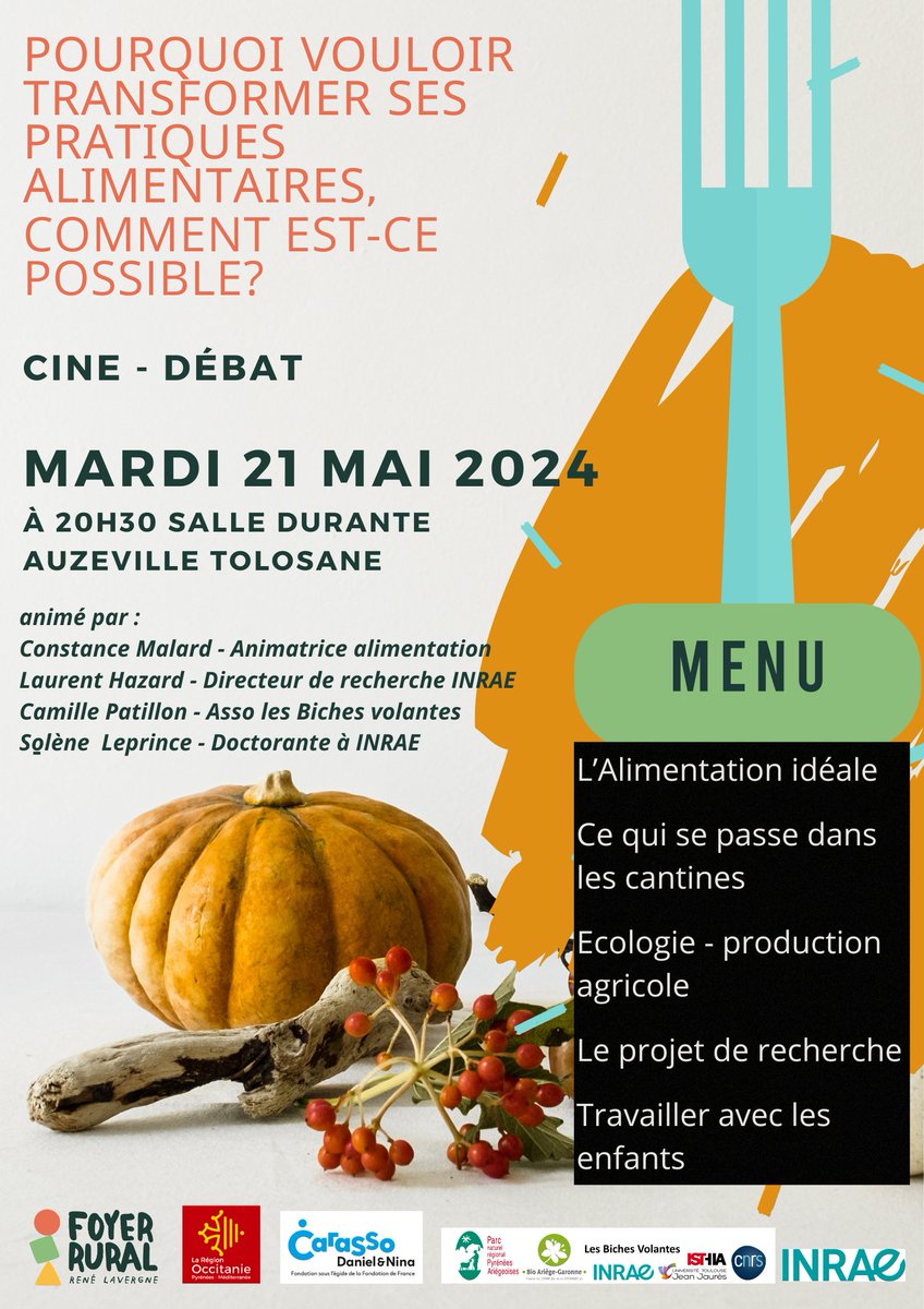 [#event J-7] Pourquoi vouloir transformer ses pratiques alimentaires, comment est-ce possible ? 🍽️🍲🥤 ➡️Réponses lors du ciné-débat organisé par le Foyer rural d'Auzeville 🗣️Avec la participation de Laurent Hazard et Solène Leprince @INRAE_Tlse 📅21/05 à 20h30 📍Salle Durante