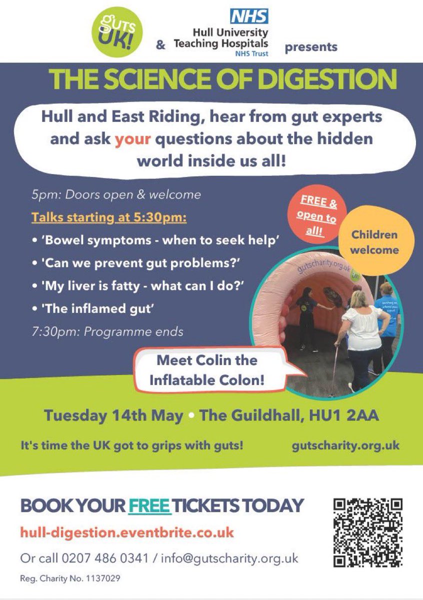 Today we welcome residents of Hull, East Yorkshire & Northern Lincolnshire to this free 👇public event At @GuildhallHull hosted by @GutsCharityUK & @HullHospitals with support from @IbdHull 💥nearly 300 registered to attend hull-digestion.eventbrite.co.uk 👀 forward to the…