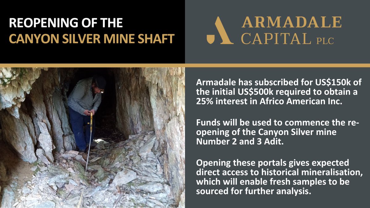 Armadale Capital plc (@armadalecapital) on Twitter photo <a href="/ArmadaleCapital/">Armadale Capital plc</a> announces the re-opening of the Canyon Silver Mine Shaft in Idaho!
Estimating 60 days to open no. 2 & 3 portals to direct access to historical mineralisation and also trace the outcrop of the mineralisation from the no. 3 tunnel.
polaris.brighterir.com/public/armadal… #ACP <a href="/ArmadaleCapital/">Armadale Capital plc</a> announces the re-opening of the Canyon Silver Mine Shaft in Idaho!
Estimating 60 days to open no. 2 & 3 portals to direct access to historical mineralisation and also trace the outcrop of the mineralisation from the no. 3 tunnel.
polaris.brighterir.com/public/armadal… #ACP