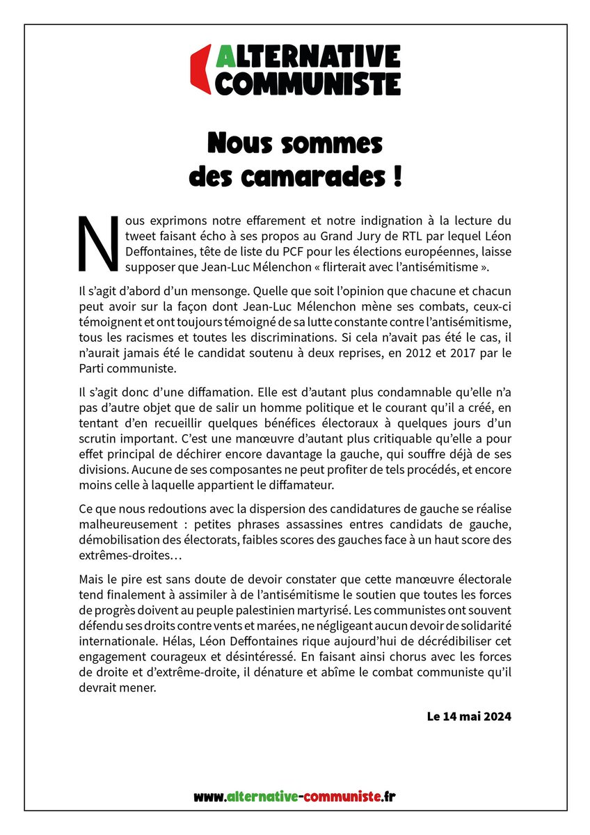 🔴Nous sommes des camarades ! Non, Jean-Luc Mélenchon ne flirte pas avec l’antisémitisme. Non, nous ne pouvons décrédibiliser le soutien que nous devons aux palestiniens. Non, la gauche ne peut tirer bénéfice d’une telle diffamation. @L_Deffontaines @PCF @JLMelenchon