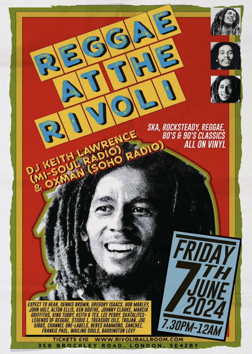 Join us on 7th June for a non stop night of Reggae at the Rivoli- expect Ska, Rocksteady, Reggae, 80s classics all on vinyl with the legends @djkeithlawrence @oxmanreggae (tickets and info reggae-at-the-rivoli.designmynight.com/656dba72000c6d…