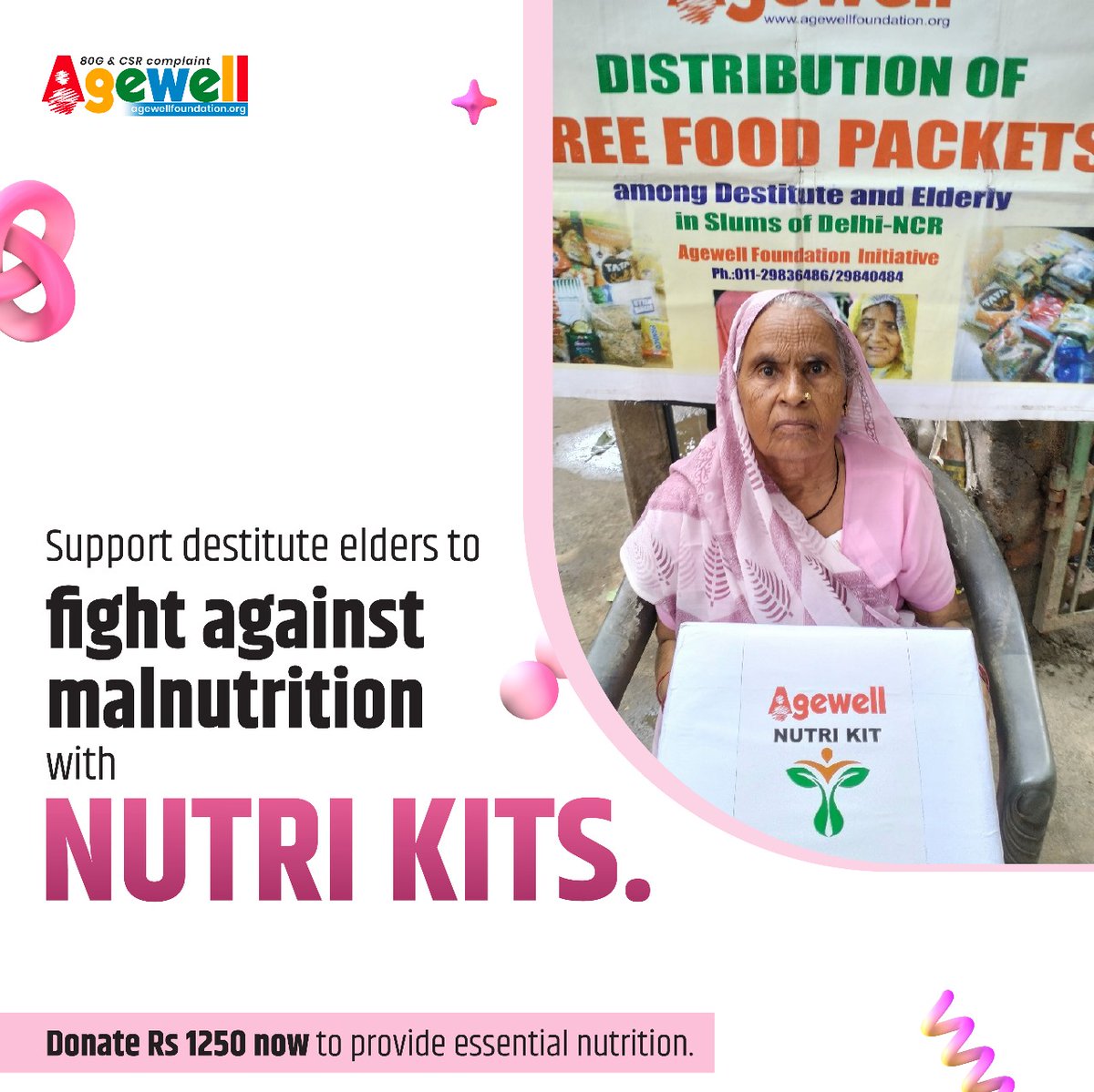 Agewell Foundation helps provide essential nutrition to destitute elders fighting malnutrition. Our donation of Rs 1250 for a Nutri Kit ensures essential nutrients for an abandoned elder in need.