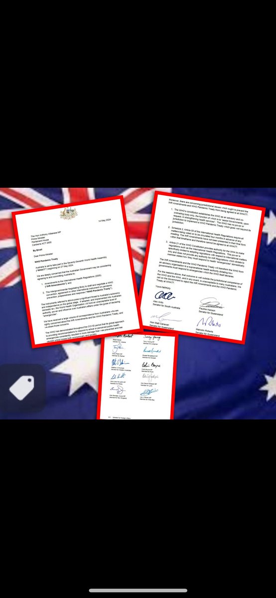 🚨 🇦🇺 14 Elected Australian Officials write official letters raising their concerns & objecting to The WHO Global Pandemic Accord

Countries everywhere are starting to reject this Globalist power grab as citizens exert tremendous pressure on elected officials to reject the Treaty