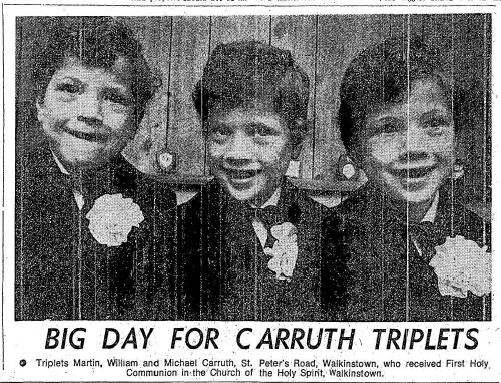 It's interesting what comes up when researching. I noticed this picture in the Evening Herald in May 1974 of the Carruth triplets from Walkinstown receiving their First Holy Communion. Michael, to the right, went on to win a boxing gold at the Barcelona 1992 Olympic Games.