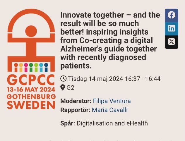 Maria Cavalli (@enbraplats) on Twitter photo Hope to see you at <a href="/gcpcc24/">Global Conference on Person-Centred Care (GCPCC)</a>!
Iâll be talking about the co-creation process <a href="/AlzheimerGuide/">AlzheimerGuiden</a> . Love to hear what you think of a digital platform created for and together with recently diagnosed #patients #alzheimer.
#GCPCC24 #Vitalis #personcentered #alzheimerguide Hope to see you at <a href="/gcpcc24/">Global Conference on Person-Centred Care (GCPCC)</a>!
Iâll be talking about the co-creation process <a href="/AlzheimerGuide/">AlzheimerGuiden</a> . Love to hear what you think of a digital platform created for and together with recently diagnosed #patients #alzheimer.
#GCPCC24 #Vitalis #personcentered #alzheimerguide