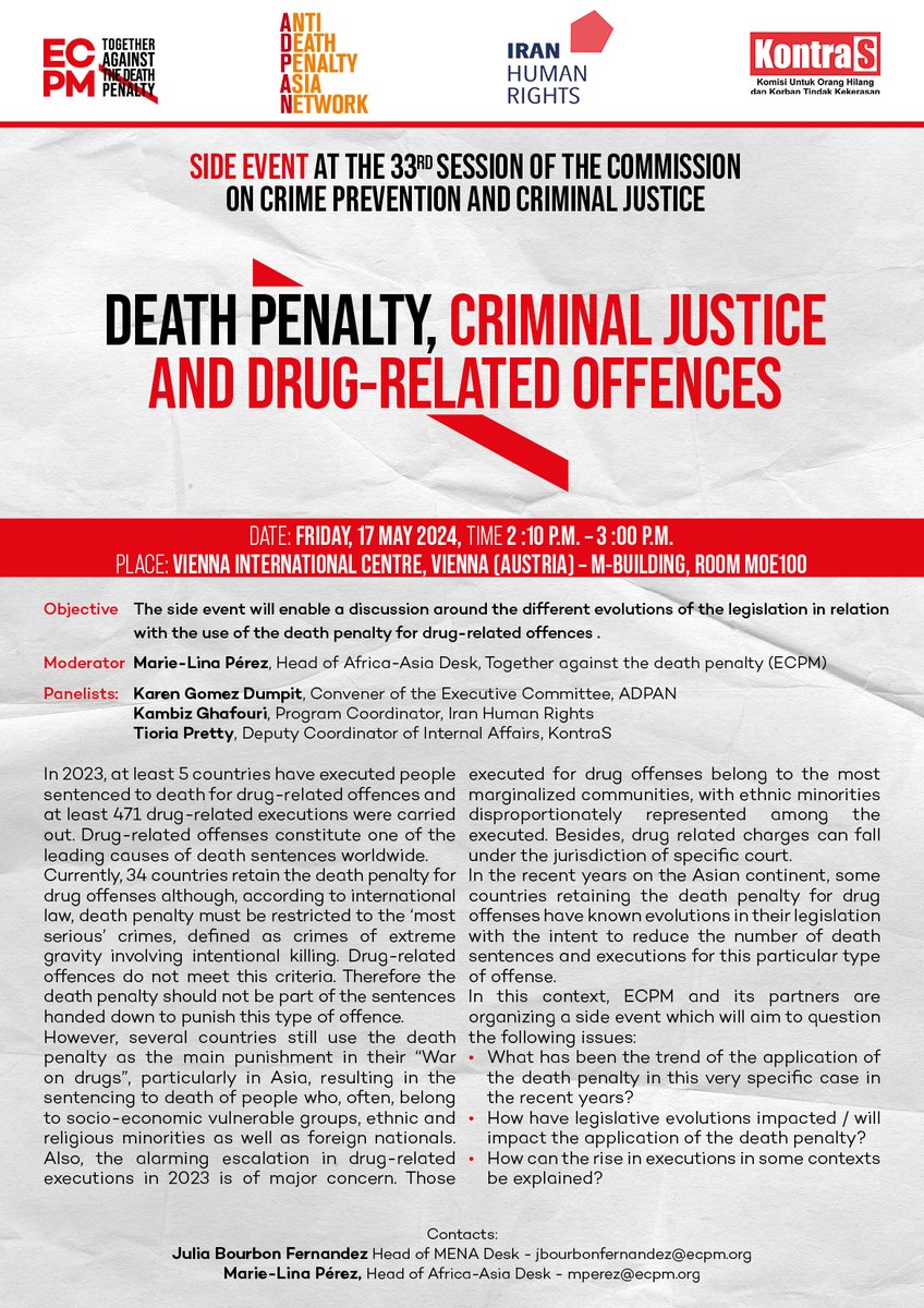 🌍Retrouvez-nous au side event 'Peine de mort, Justice pénale et Infractions liées aux drogues' lors de la 33e session de la Commission de prévention du crime et de la justice pénale ! 📅Rendez-vous le vendredi 17 mai 2024, à 14h10 📌Centre international de Vienne @CCPCJ