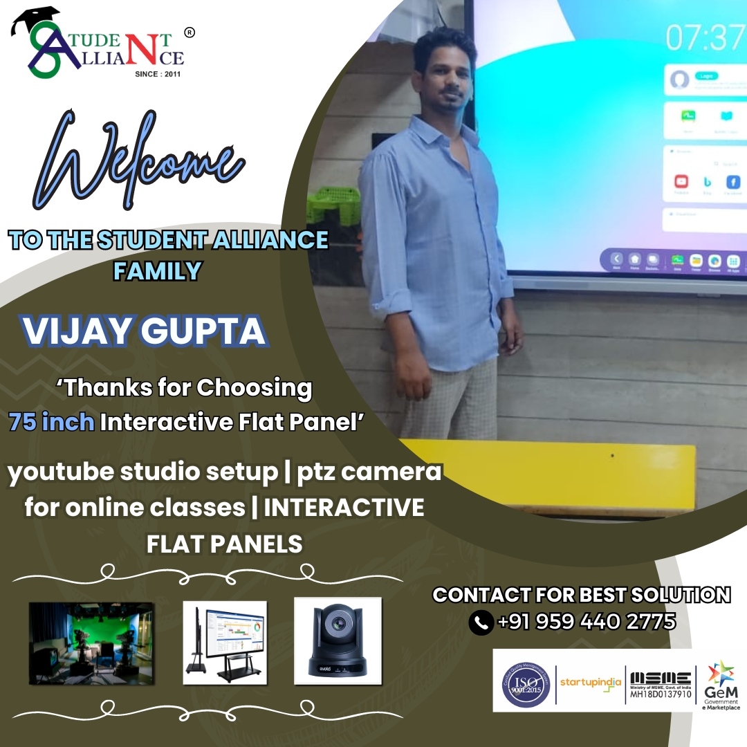 Cheers to Vijay Gupta for joining the Student Alliance family! 🌟 Let's elevate learning with top-notch tools: 75' Interactive Flat Panel, PTZ Camera, and a dynamic YouTube Studio setup! 🎬📚 #StudentAlliance #TechEnhancedLearning #NextGenEducation
