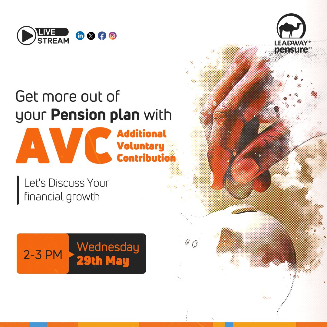 Join us on May 29th at 2pm for an insightful session. From starting your AVC to unlocking Targeted Savings, Mortgage, and Tax benefits, we'll guide you through it all. Save the date, set a reminder, and let's chart your retirement path together! 
#LeadwayPensure #liveyourbestlife
