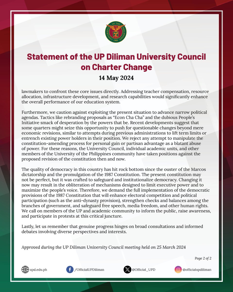 The UP Diliman University Council issued a statement on the passing of Resolution of Both Houses No. 7 by the House of Representatives which seeks to amend several economic provisions of the 1987 Philippine Constitution.
