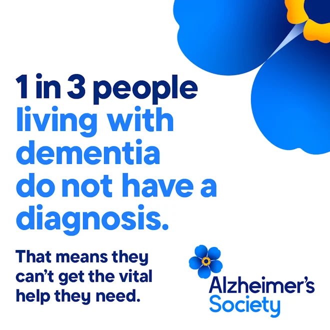 Did you know 1 in 3 people living with dementia do not have a diagnosis?  A diagnosis is vital to give people access to the care, treatment and support they desperately need. Visit Alzheimers.org.uk for more information. #DementiaActionWeek