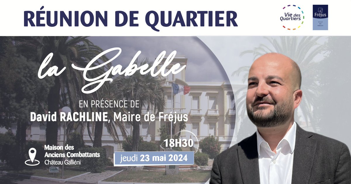 🔴 Le quartier de la Gabelle accueillera la 4ᵉ réunion de quartier de l'année 2024, en présence du Maire ! 👉 Jeudi 23 mai, à 18h30, se déroulera la quatrième réunion de quartier, en présence du Maire David Rachline, à la maison des Anciens Combattants (Château Gallieni).