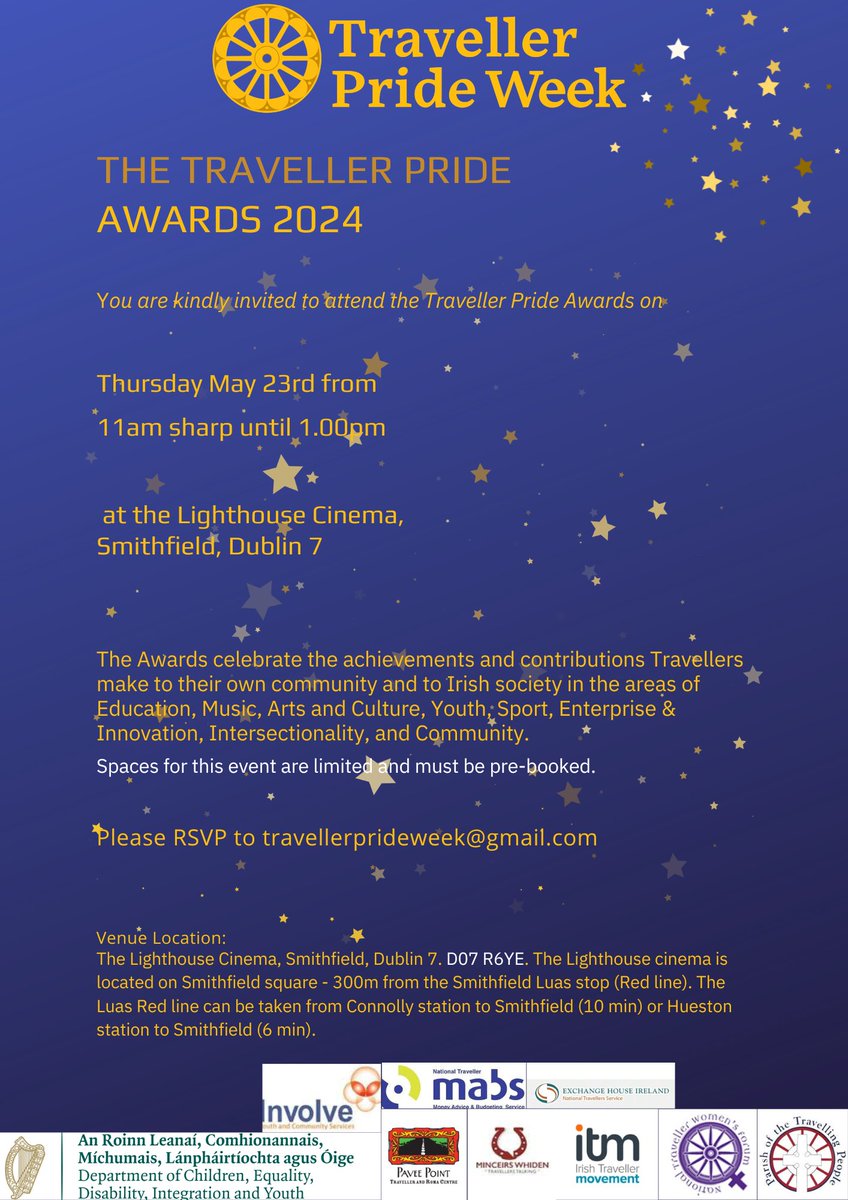 You are invited to the #Traveller Pride Awards 2024! 📆When: Thursday 23rd May ⏰What time: 11:00am - 1:00pm 📍Where: Lighthouse Cinema, Smithfield, Dublin 7 Spaces are limited, and must be pre-booked. Please RSVP to travellerprideweek@gmail.com #TravellerPrideAwards2024