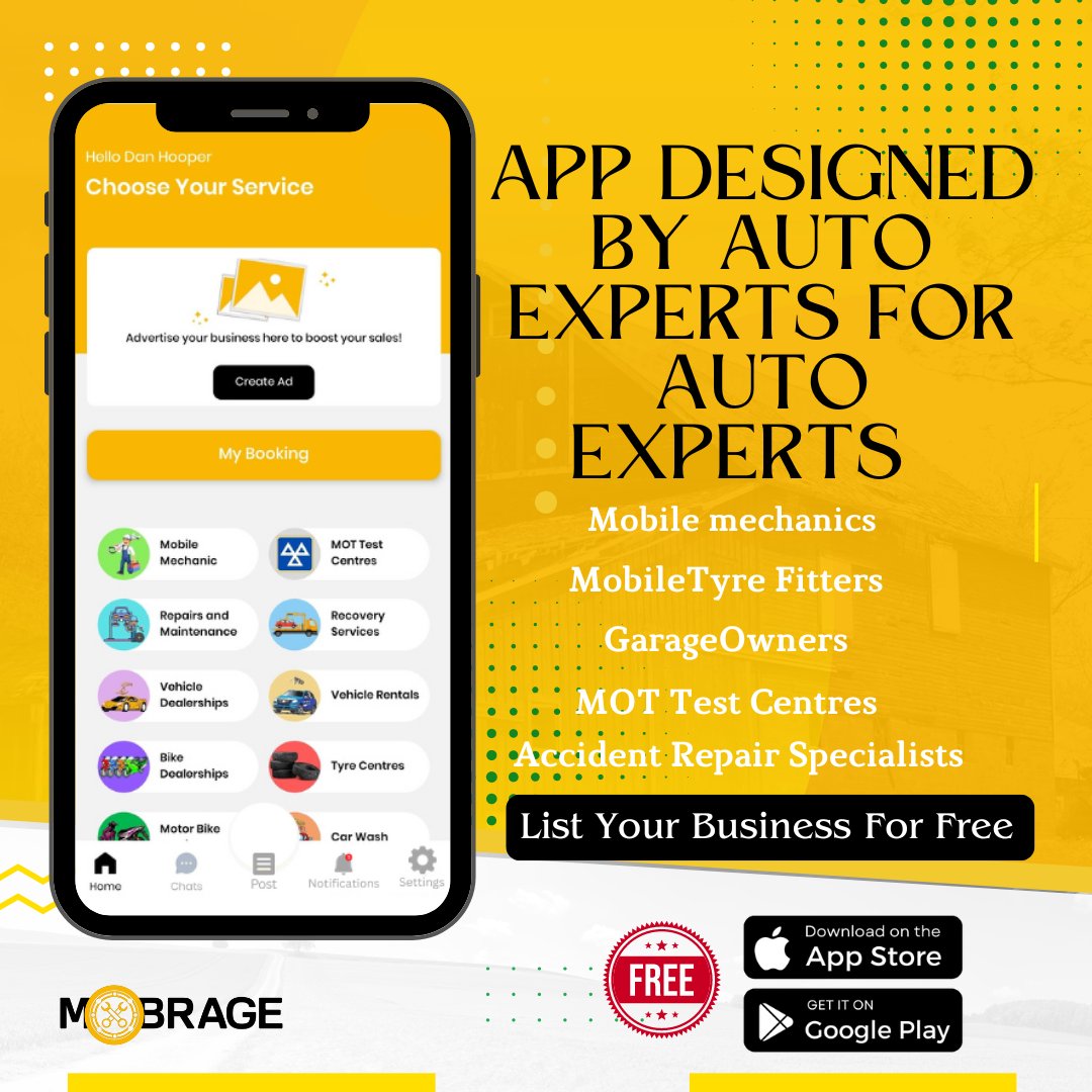 🛠️ Are you a Mobile mechanic, a mobile tyre fitter, a garage owner, an MOT Test Centre, or an accident repair specialist?
Join now and enjoy benefits like:

✅ Instant job notifications 📲
✅ Zero commission fees 💰
✅ Unlimited job requests 🔄

#Mobrage #Mechanic