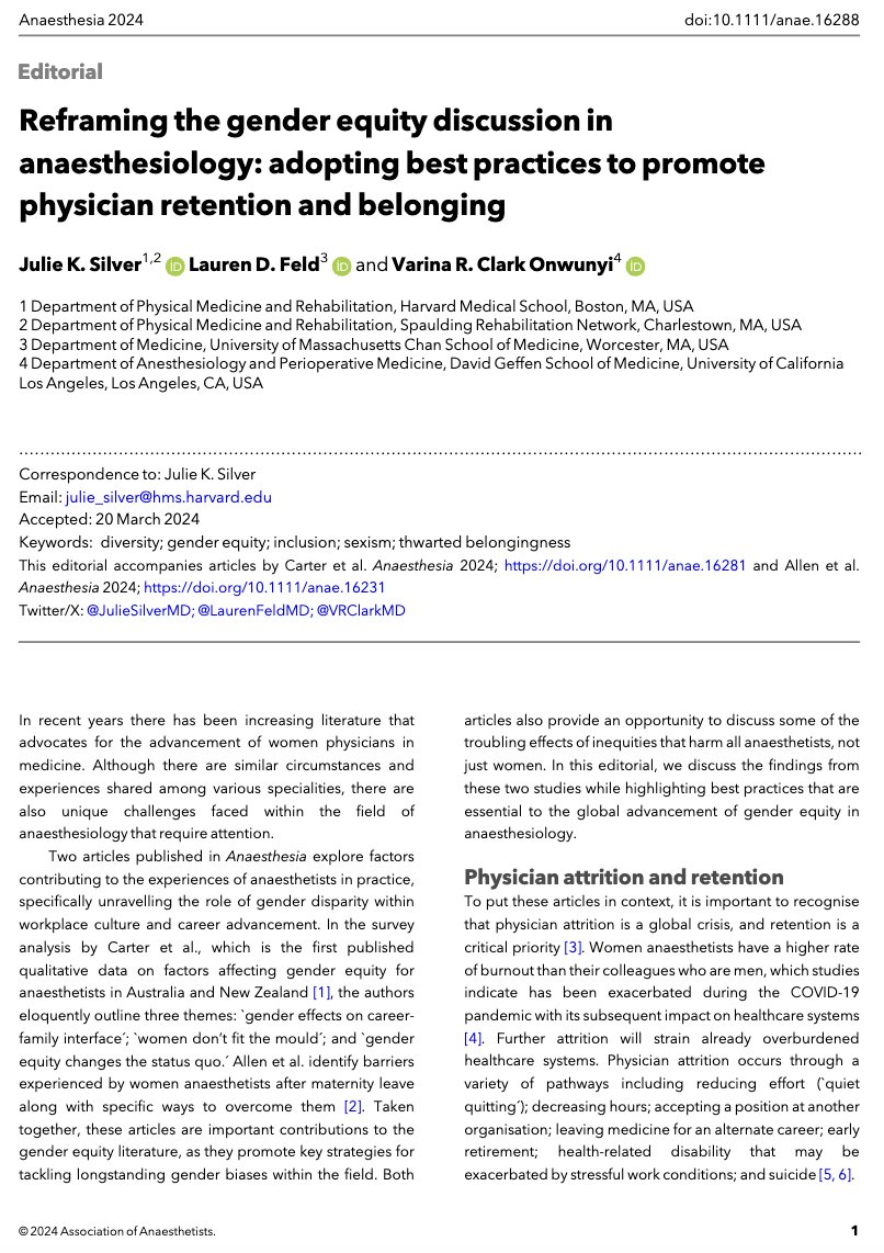 𝘈𝘯𝘢𝘦𝘴𝘵𝘩𝘦𝘴𝘪𝘢 (@anaes_journal) on Twitter photo 🔓Reframing the gender equity discussion in anaesthesiology: adopting best practices to promote physician retention and belonging
<a href="/JulieSilverMD/">Julie Silver, MD</a> <a href="/LaurenFeldMD/">Lauren Feld</a> <a href="/VRClarkMD/">V R Clark, MD</a>
🔗…-publications.onlinelibrary.wiley.com/doi/10.1111/an… 🔓Reframing the gender equity discussion in anaesthesiology: adopting best practices to promote physician retention and belonging
<a href="/JulieSilverMD/">Julie Silver, MD</a> <a href="/LaurenFeldMD/">Lauren Feld</a> <a href="/VRClarkMD/">V R Clark, MD</a>
🔗…-publications.onlinelibrary.wiley.com/doi/10.1111/an…