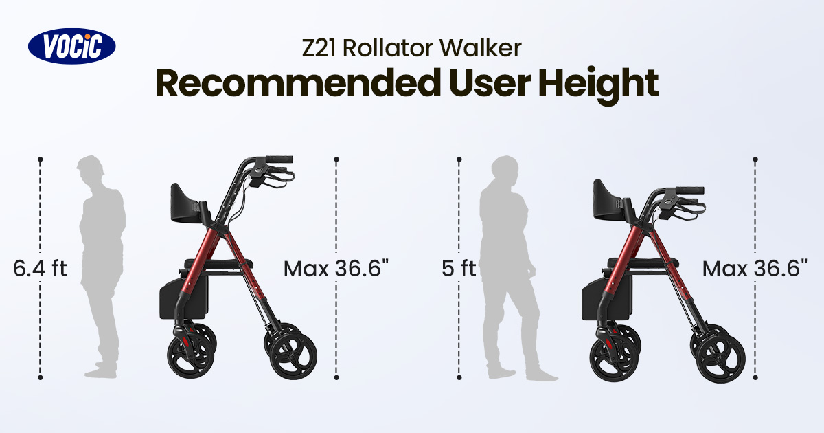 🎑The adjustable height range of this walker is 31.5' - 36.6'. 
🧵Typically, the recommended user height for the #VOCIC #Z21 #rollatorwalker is between 5ft and 6.4ft. 
👉 Learn more: rb.gy/9y750u 
#mobilityaids #accessibletravel #disabletravel #seniorscare #rehacare