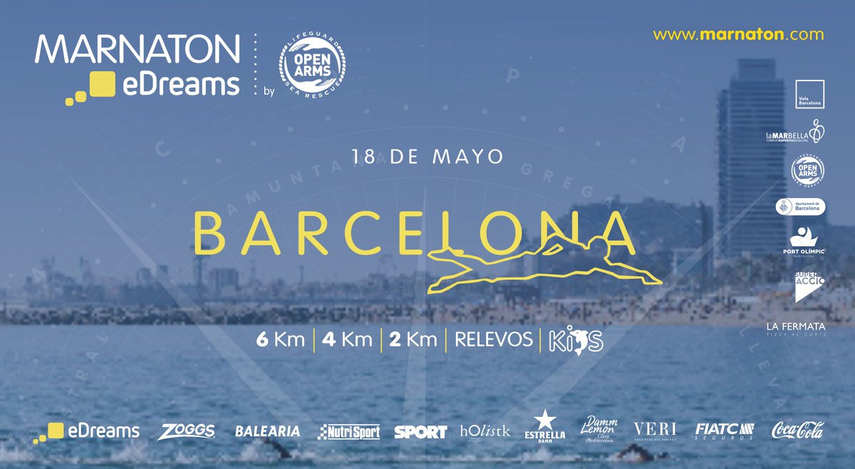 🏊‍♀️ Gaudeix de #Barcelona des del mar! 
✨ ​Suma't a la <a href="/Marnaton/">marnaton</a> eDreams el 18 de maig amb distàncies de 6km, 4km, 2km, relleus i KIDS.

Inscriu-te ara a via.bcn/rQVy50RFmMf
#MARNATONBarcelona #NatacióMarObert