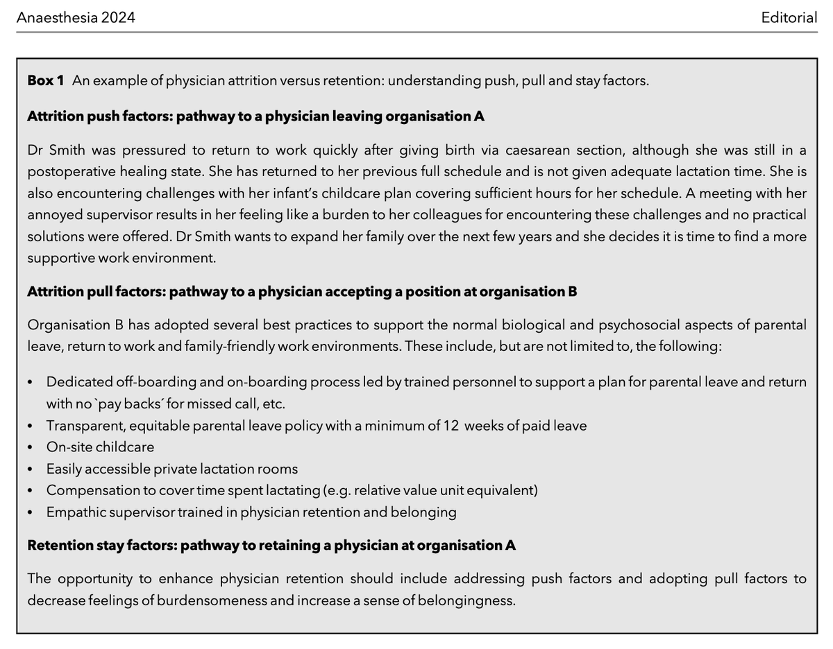 𝘈𝘯𝘢𝘦𝘴𝘵𝘩𝘦𝘴𝘪𝘢 (@anaes_journal) on Twitter photo Return to work pull factors
👍Off/on-boarding process
👍No ‘pay backs’ for missed call
👍Parental leave policy
👍On-site childcare
👍Private lactation rooms & time compensation time
👍Empathic supervisor
<a href="/JulieSilverMD/">Julie Silver, MD</a> <a href="/LaurenFeldMD/">Lauren Feld</a> <a href="/VRClarkMD/">V R Clark, MD</a>
🔗…-publications.onlinelibrary.wiley.com/doi/10.1111/an… Return to work pull factors
👍Off/on-boarding process
👍No ‘pay backs’ for missed call
👍Parental leave policy
👍On-site childcare
👍Private lactation rooms & time compensation time
👍Empathic supervisor
<a href="/JulieSilverMD/">Julie Silver, MD</a> <a href="/LaurenFeldMD/">Lauren Feld</a> <a href="/VRClarkMD/">V R Clark, MD</a>
🔗…-publications.onlinelibrary.wiley.com/doi/10.1111/an…