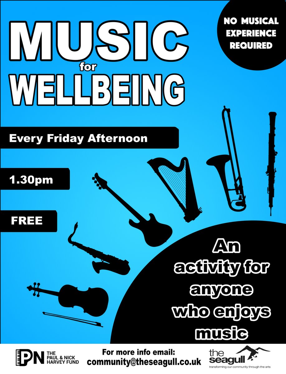 Every Friday we offer a 'Music for Wellbeing' session at 1.30pm!🎼
Shake a tambourine, sing along to your favourite tune or bring your own instrument and play along!
Anyone welcome with or without musical ability!🎙️

If interested, please email - community@theseagull.co.uk