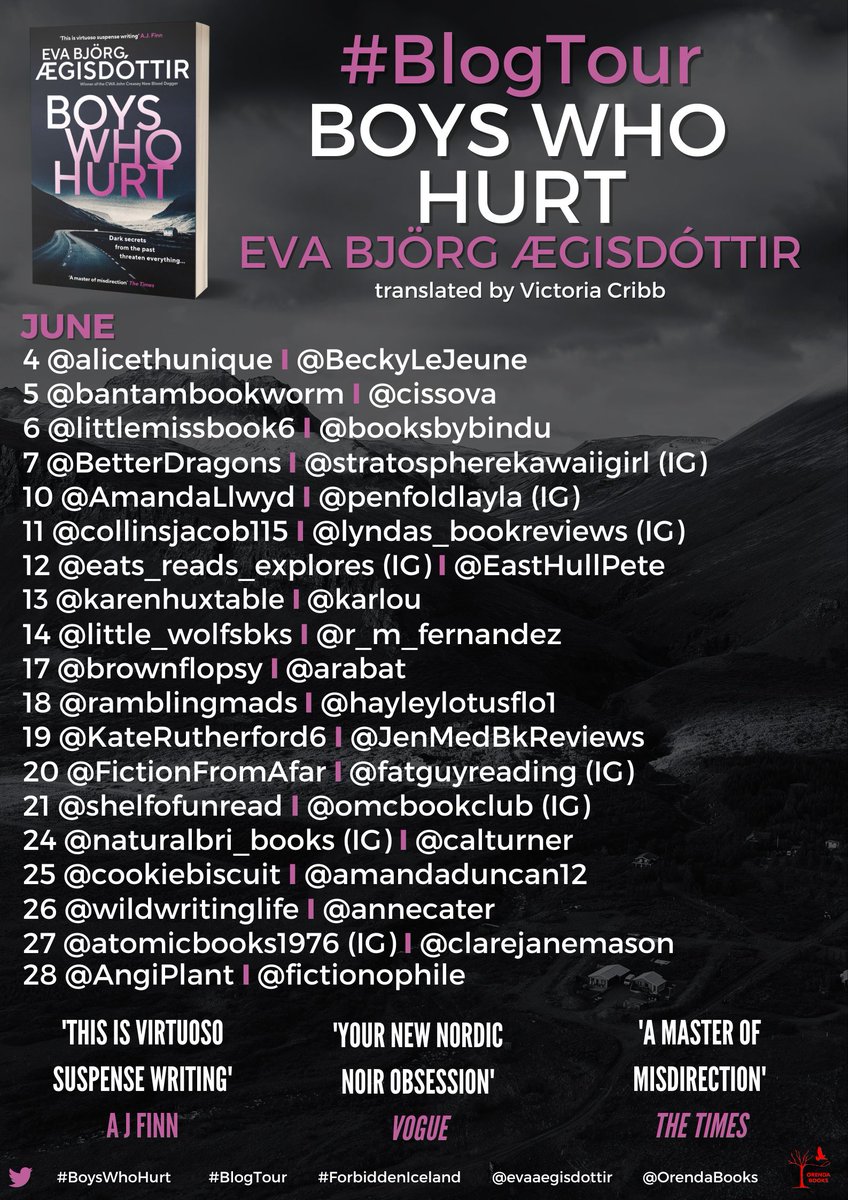 Look at this amazing @OrendaBooks #BlogTour for #BoysWhoHurt by @evaaegisdottir Begins 04 June @EastHullPete @karenhuxtable @karlou @little_wolfsbks @r_m_fernandez @brownflopsy @arabat @hayleylotusflo1 @KateRutherford6 @JenMedBkReviews @FictionFromAfar @calturner