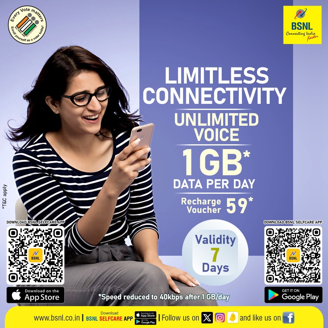 Connect Freely, Talk Limitlessly: BSNL Recharge voucher Rs. 59/- for 7 Days - Experience Unbounded Connectivity and Voice! #RechargeNow: bit.ly/stv0059 #BSNL #BSNLRecharge #RechargeNow