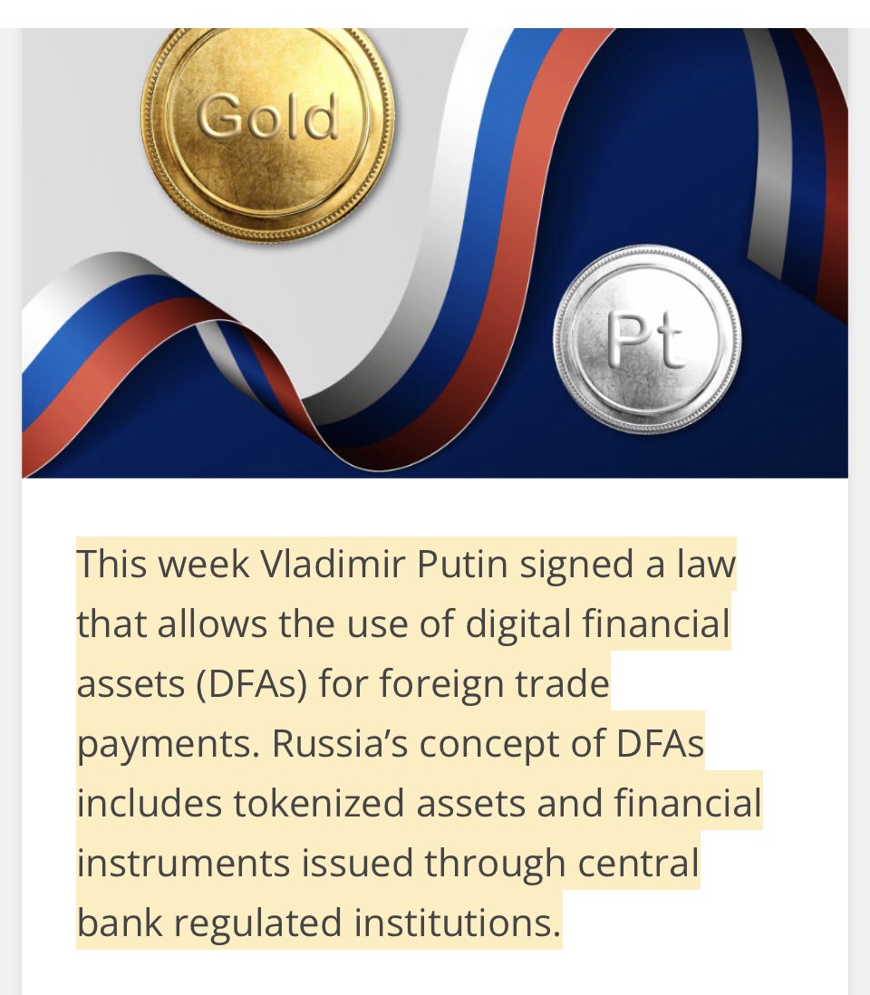 This week Vladimir Putin signed a law that allows the use of digital financial assets (DFAs) for foreign trade payments. Russia’s concept of DFAs includes tokenized assets and financial instruments issued through central bank regulated institutions.

ledgerinsights.com/russia-law-dig…