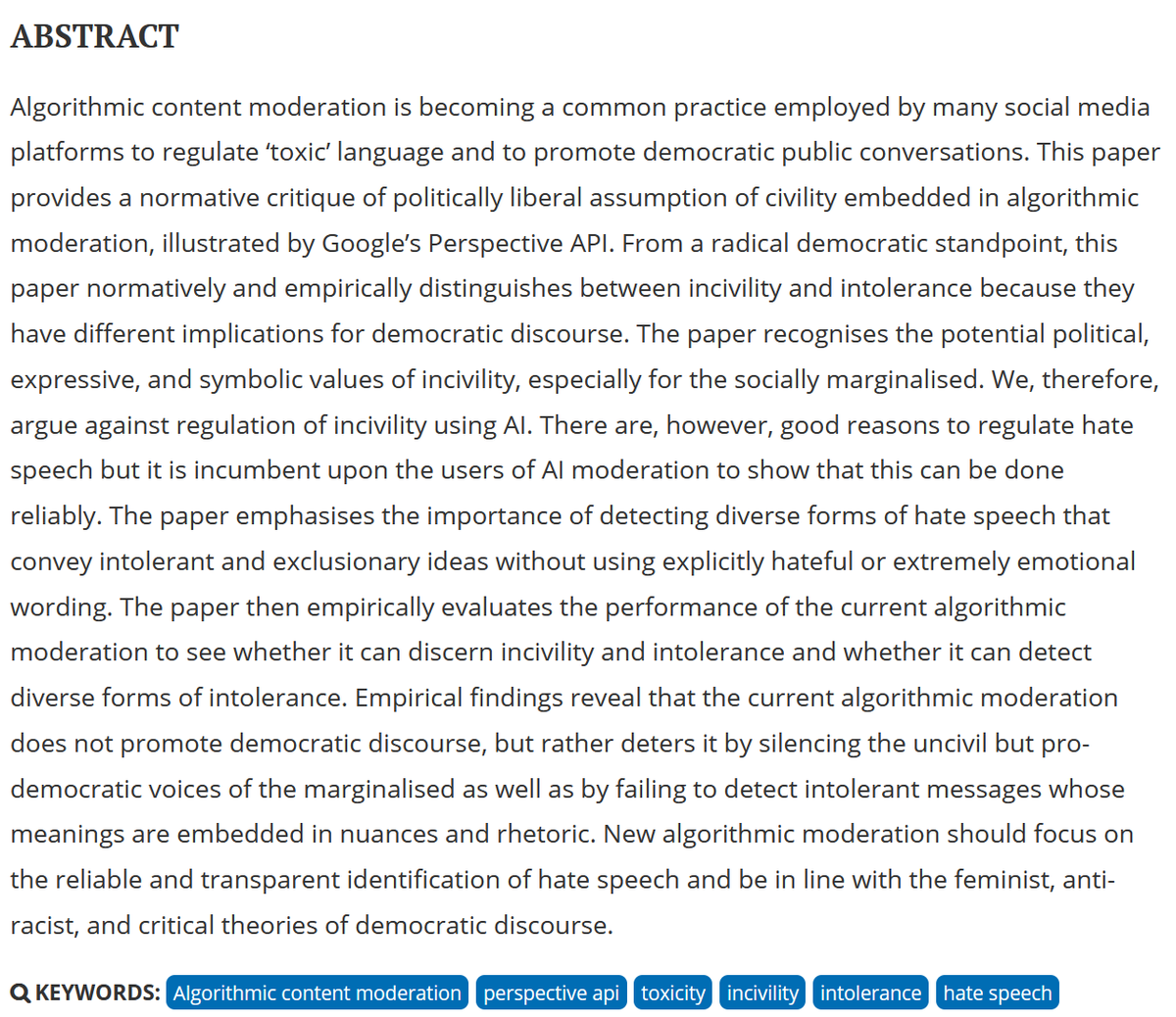 DayeiOh's tweet photo. Just published online open access. "Does algorithmic content moderation promote democratic discourse? Radical democratic critique of toxic language in @icsjournal Using #perspectiveapi, we discuss the normative purpose #contentmoderation #AI should serve. https://t.co/IGbXySrd7S https://t.co/nbFNtx7Tye