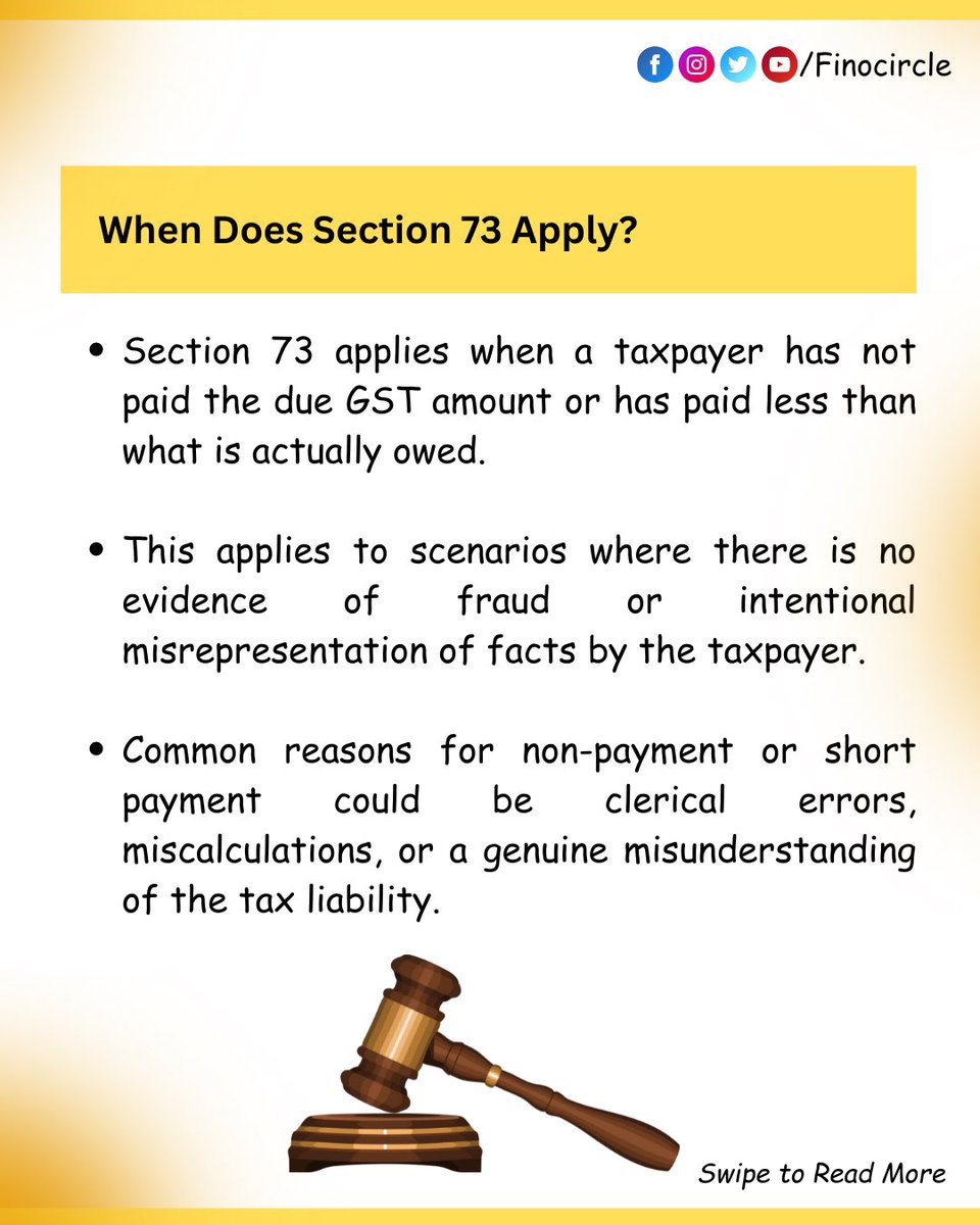 finocircle's tweet image. Section 73 of the GST Act deals with the determination of unpaid or short-paid tax, erroneous refunds, or wrongful availing or utilization of input tax credit. 

Learn more!

#gst #gstact #section73 #cgst #gstupdates #taxseason #gstreturns #educationalpost #information