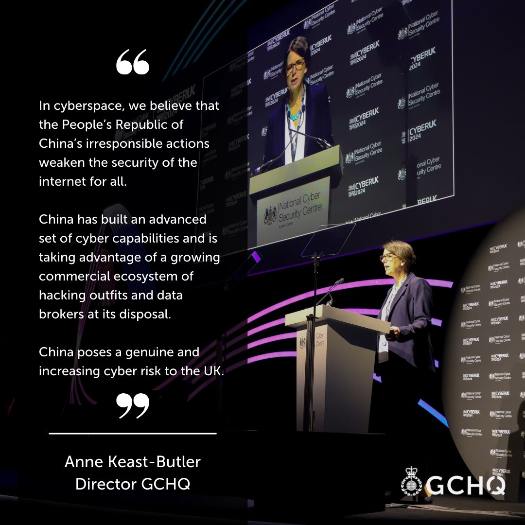 Speaking at #CYBERUK24 this morning, our Director Anne Keast-Butler highlighted how “China poses a genuine and increasing cyber risk to the UK.”

gchq.gov.uk/news/cyberuk-2…