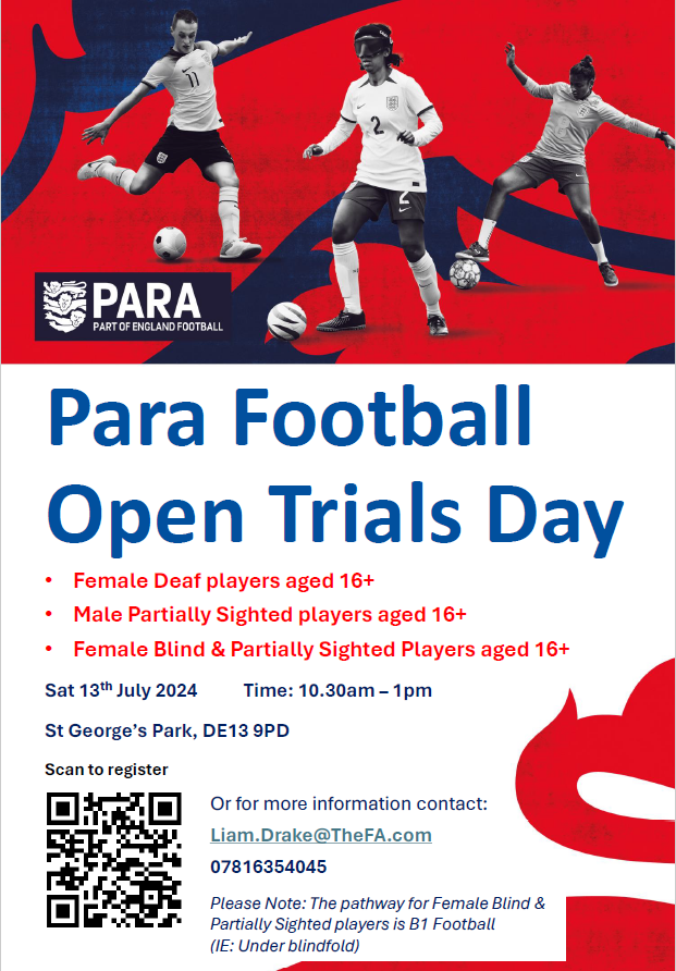 Para Football Open Trials Day at St George's Park for players over the age of 16 🏴󠁧󠁢󠁥󠁮󠁧󠁿⚽ This event is open to players who would qualify for the following pathways: - Deaf Women - Partially Sighted Men - Blind/Partially Sighted Women Register now 👉forms.office.com/e/6nn7HfT0aJ