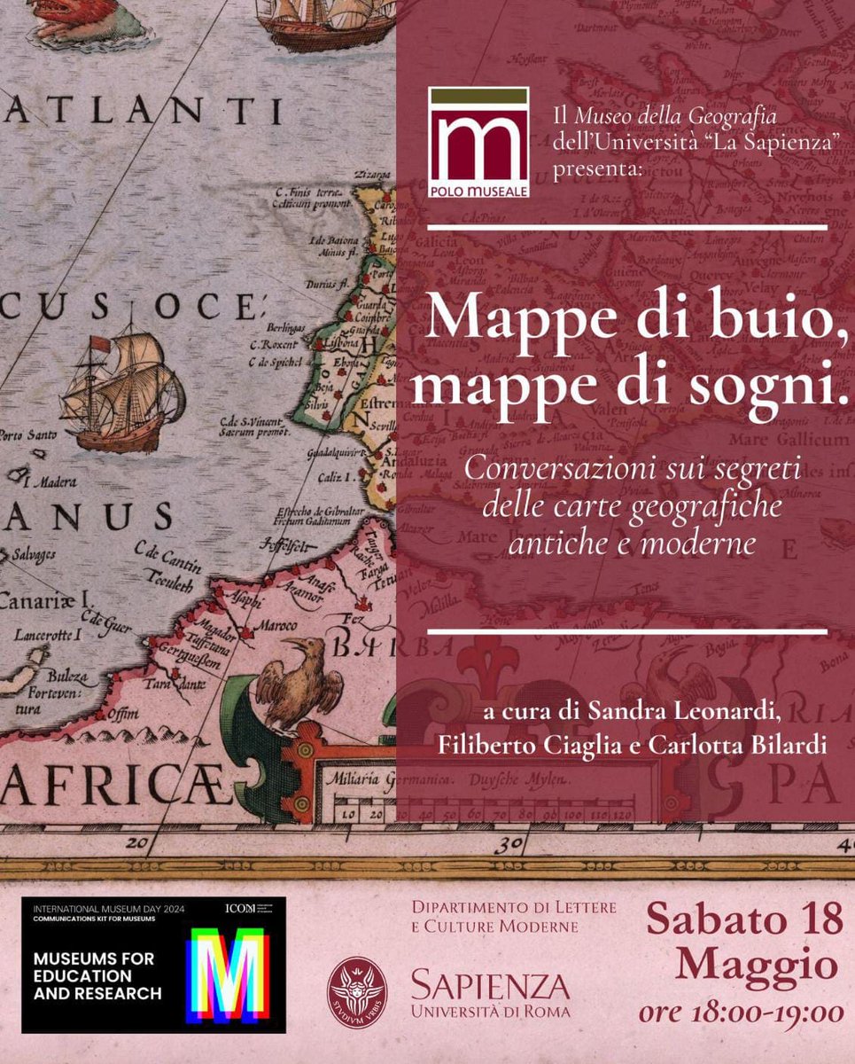 Il seminario dal nome "Mappe di buio, mappe di sogni" si terrà alle 18, aula V, piano terra della Facoltà di Lettere e Filosofia. 

Vi aspettiamo!🤩

#IDM2024 #icom #museums4research #museums4education #InternationalMuseumDay #notteinternazionaledeimusei