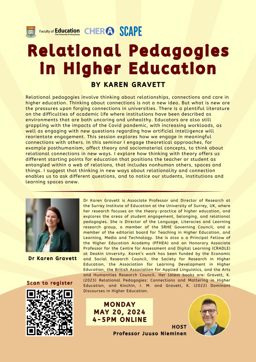 Join the final CHERA seminar on the sociology of teaching and learning about relation pedagogies by @k_gravett! The seminar is next Monday (May 20) at 9am UK time, 4pm HK time 📢 @HkuScape Register here: hku.zoom.us/meeting/regist…