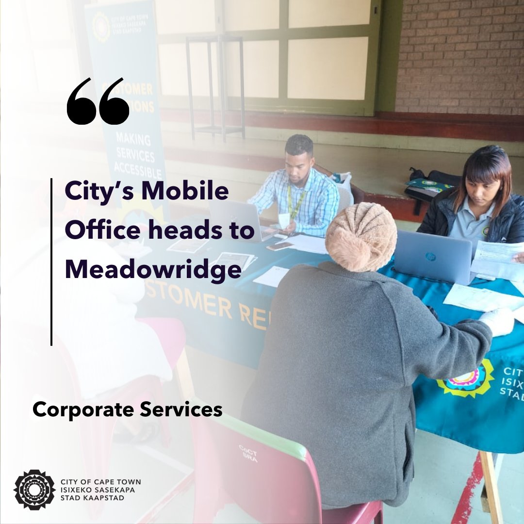 This City of Cape Town’s Mobile Office will be availing municipal services at the Meadowridge Library on Thursday, 16 May 2024. Residents are encouraged to take advantage of the services that will be on offer on the day. See: bit.ly/3WGINzF #CTNews #CorporateServices