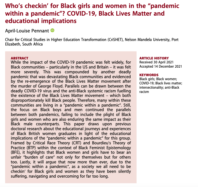 I don’t think I have ever felt so seen in a journal article before. A special shout out to all the Black women in academia, may we strive for a gentle, fulfilled and joyful life with a reduced allostatic load ❤️ Article by @April_LouP 👉🏾 doi.org/10.1080/001319…